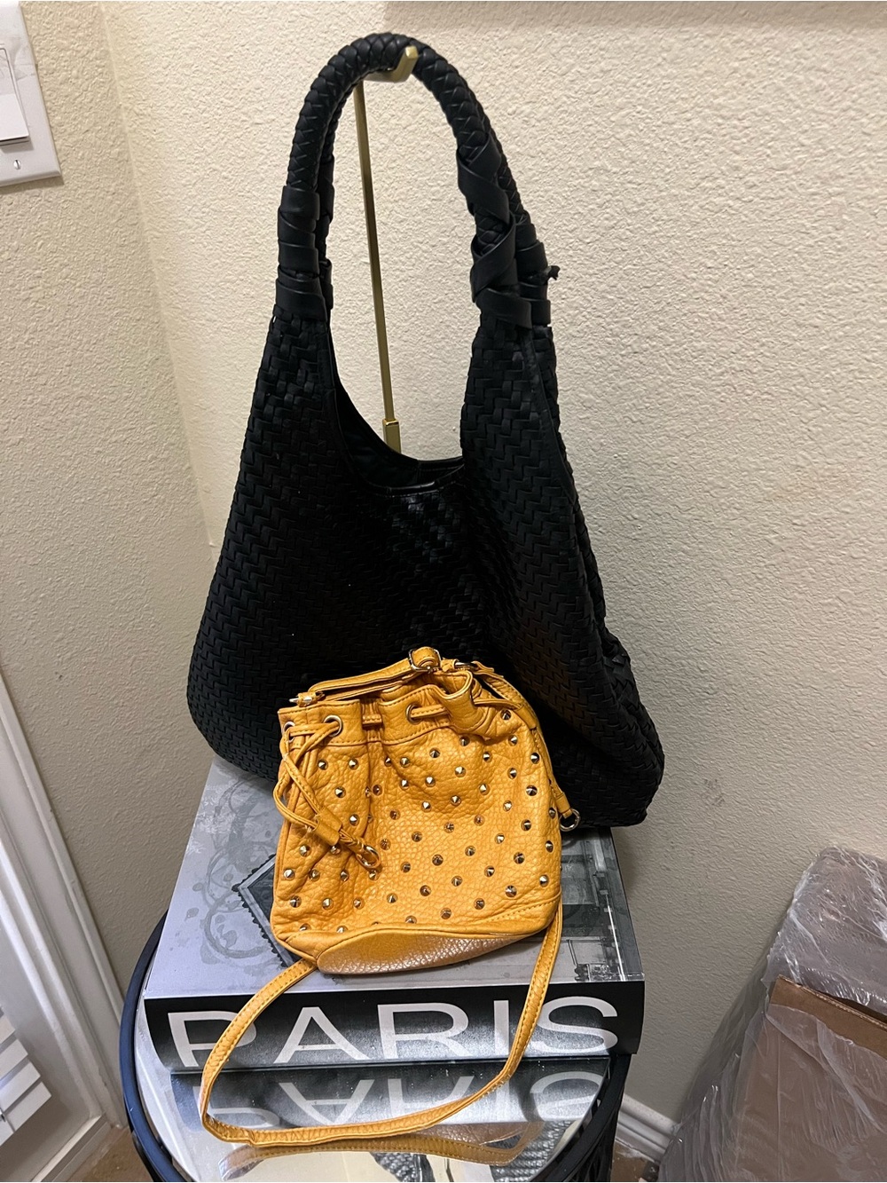 Black Woven Shoulder Bag with Mustard Studded Drawstring bag bundle faux leather